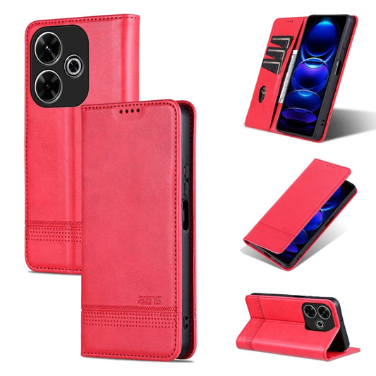 Pour Xiaomi Redmi Note 13R AZNS Étui de téléphone en cuir à rabat texturé veau magnétique (Rouge)