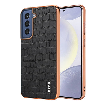 For Samsung Galaxy S21 FE 5G AZNS Electroplated Frame Crocodile Texture Full Coverage Phone Case(Black)
