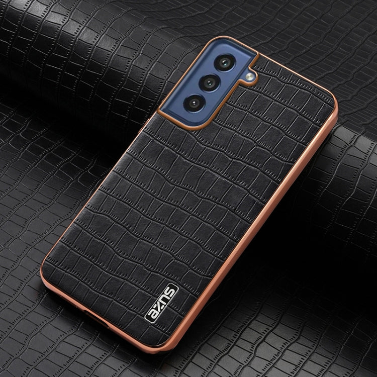 For Samsung Galaxy S21 FE 5G AZNS Electroplated Frame Crocodile Texture Full Coverage Phone Case(Black)