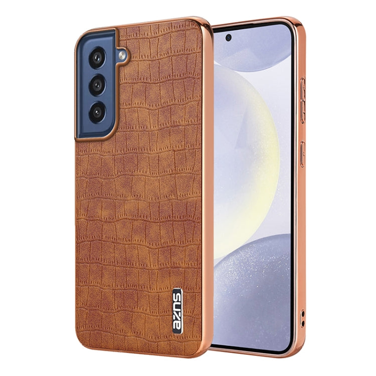 Pour Samsung Galaxy S21 FE 5G AZNS Étui de téléphone à couverture complète en similicuir texturé crocodile avec cadre galvanisé (marron)