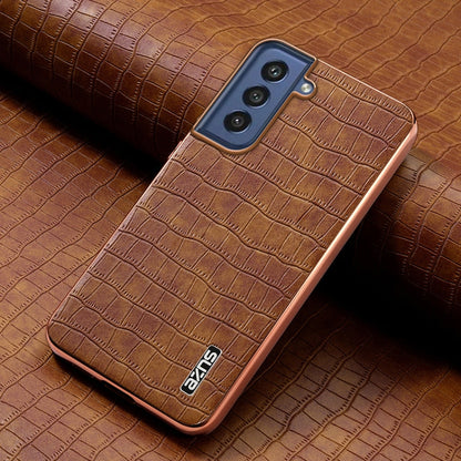 Pour Samsung Galaxy S21 FE 5G AZNS Étui de téléphone à couverture complète en similicuir texturé crocodile avec cadre galvanisé (marron)