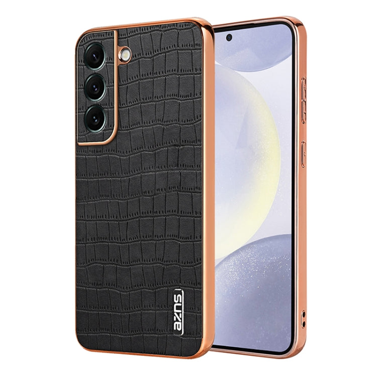 For Samsung Galaxy S22 5G AZNS Electroplated Frame Crocodile Texture Full Coverage Phone Case(Black)