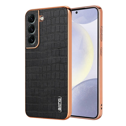 For Samsung Galaxy S22 5G AZNS Electroplated Frame Crocodile Texture Full Coverage Phone Case(Black)