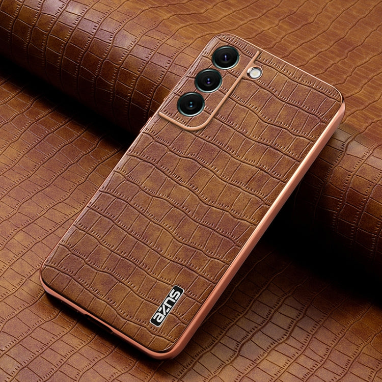 For Samsung Galaxy S22 5G AZNS Electroplated Frame Crocodile Texture Full Coverage Phone Case(Brown)