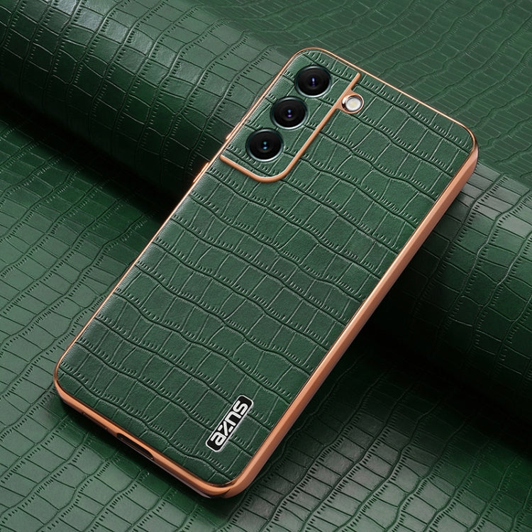 For Samsung Galaxy S22 5G AZNS Electroplated Frame Crocodile Texture Full Coverage Phone Case(Green)