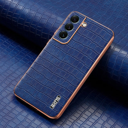For Samsung Galaxy S22 5G AZNS Electroplated Frame Crocodile Texture Full Coverage Phone Case(Blue)