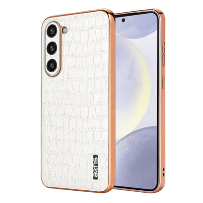 For Samsung Galaxy S23 5G AZNS Electroplated Frame Crocodile Texture Full Coverage Phone Case(White)