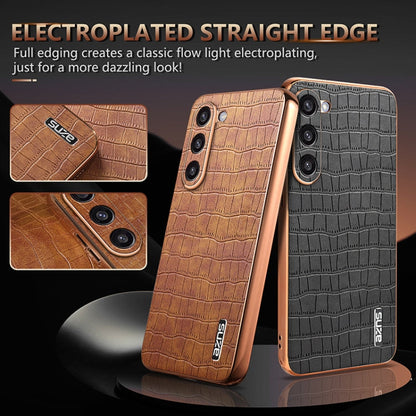 For Samsung Galaxy S23 5G AZNS Electroplated Frame Crocodile Texture Full Coverage Phone Case(White)