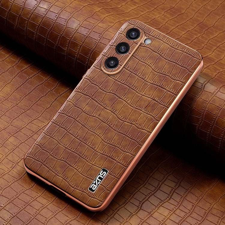 For Samsung Galaxy S23+ 5G AZNS Electroplated Frame Crocodile Texture Full Coverage Phone Case(Brown)