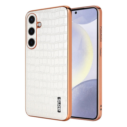 For Samsung Galaxy S25 5G AZNS Electroplated Frame Crocodile Texture Full Coverage Phone Case(White)