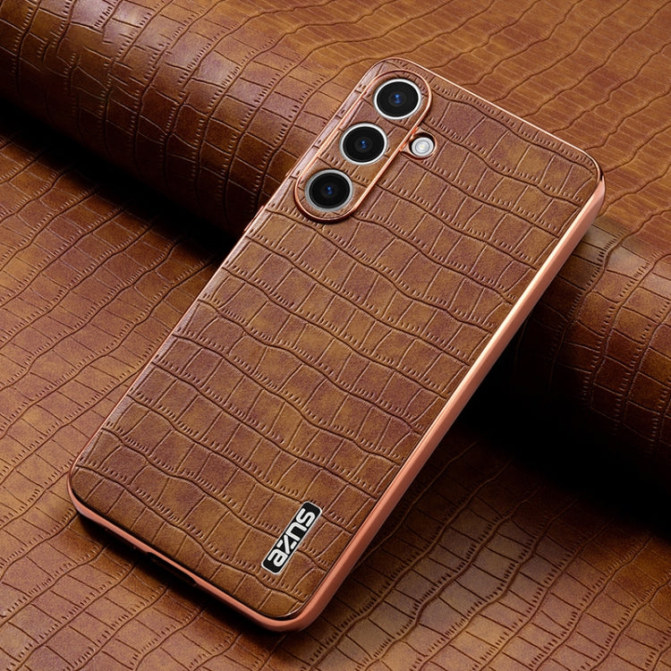 Pour Samsung Galaxy S25+ 5G AZNS Étui de téléphone à couverture complète avec cadre électrolytique et texture crocodile (marron)