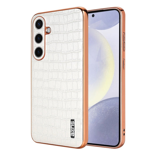 For Samsung Galaxy S25+ 5G AZNS Electroplated Frame Crocodile Texture Full Coverage Phone Case(White)