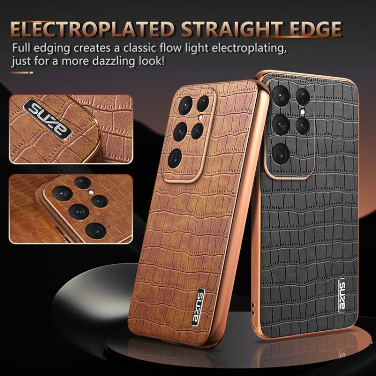 For Samsung Galaxy S25 Ultra 5G AZNS Electroplated Frame Crocodile Texture Full Coverage Phone Case(Green)