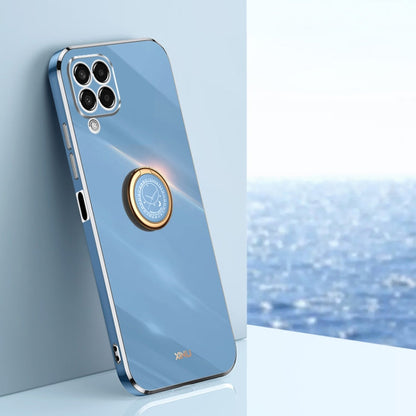 For Samsung Galaxy M33 5G Global XINLI Straight Edge 6D Electroplate TPU Phone Case with Ring Holder(Celestial Blue)