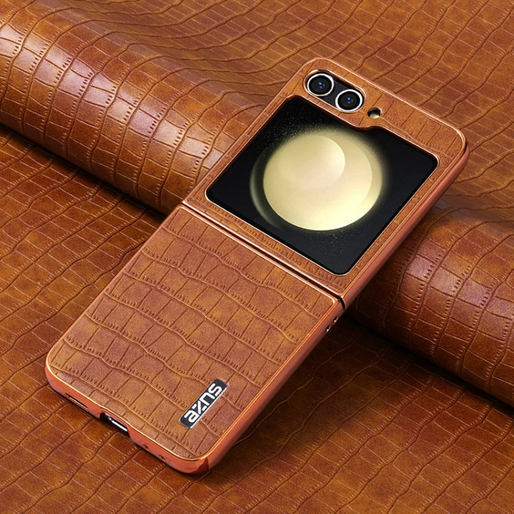 For Samsung Galaxy Z Flip5 AZNS Electroplated Frame Crocodile Texture Full Coverage Phone Case(Brown)