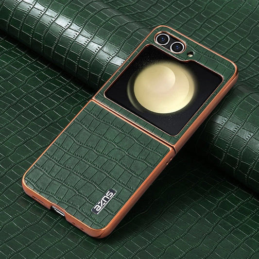 For Samsung Galaxy Z Flip5 AZNS Electroplated Frame Crocodile Texture Full Coverage Phone Case(Green)