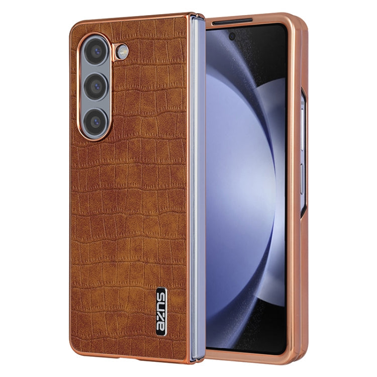 Pour Samsung Galaxy Z Fold6 AZNS Cadre Électroplaqué Texture Crocodile Coque de Téléphone à Couverture Complète (Marron)