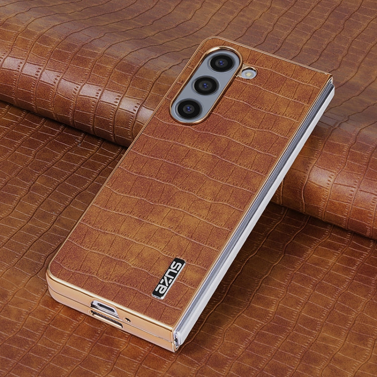 Pour Samsung Galaxy Z Fold6 AZNS Cadre Électroplaqué Texture Crocodile Coque de Téléphone à Couverture Complète (Marron)