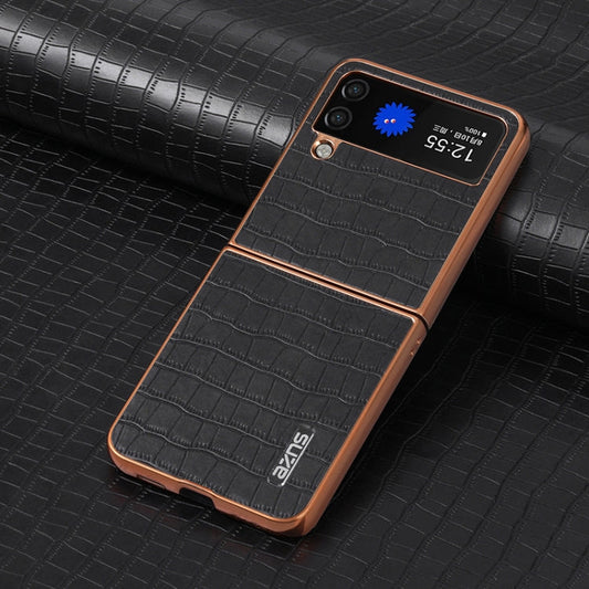 For Samsung Galaxy Z Flip4 5G AZNS Electroplated Frame Crocodile Texture Full Coverage Phone Case(Black)