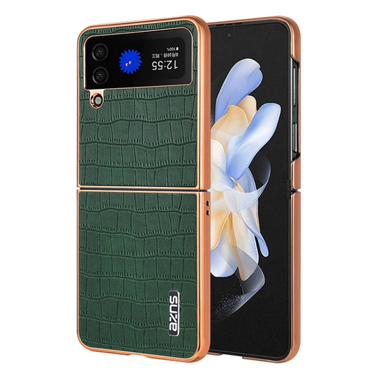 For Samsung Galaxy Z Flip4 5G AZNS Electroplated Frame Crocodile Texture Full Coverage Phone Case(Green)