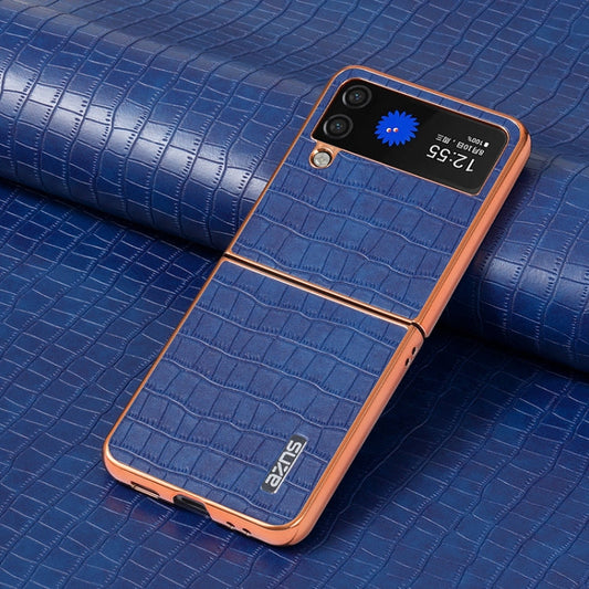 For Samsung Galaxy Z Flip4 5G AZNS Electroplated Frame Crocodile Texture Full Coverage Phone Case(Blue)