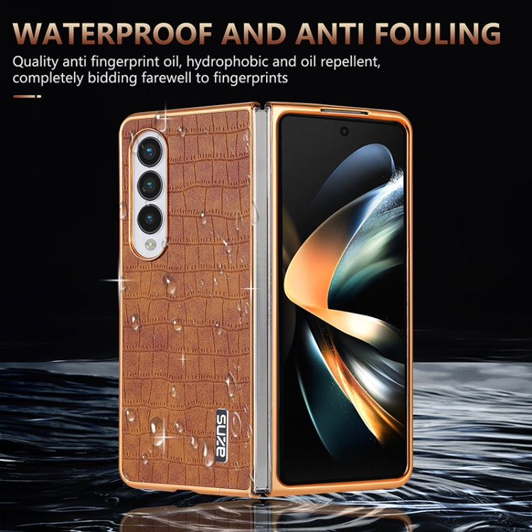 For Samsung Galaxy Z Fold4 5G AZNS Electroplated Frame Crocodile Texture Full Coverage Phone Case(Brown)