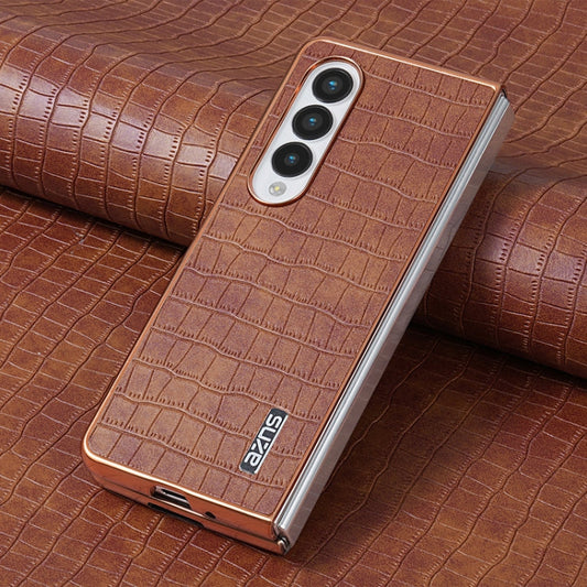 For Samsung Galaxy Z Fold3 5G AZNS Electroplated Frame Crocodile Texture Full Coverage Phone Case(Brown)
