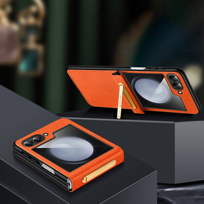 For Samsung Galaxy Z Flip5 SULADA Lychee Texture Invisible Holder Leather Back Cover Phone Case(Orange)