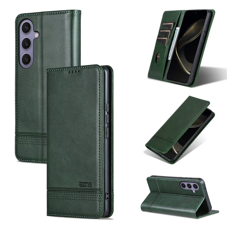 Pour Samsung Galaxy S25 5G AZNS Étui de téléphone en cuir à rabat avec texture veau magnétique (Vert foncé)
