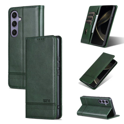 Pour Samsung Galaxy S25 5G AZNS Étui de téléphone en cuir à rabat avec texture veau magnétique (Vert foncé)