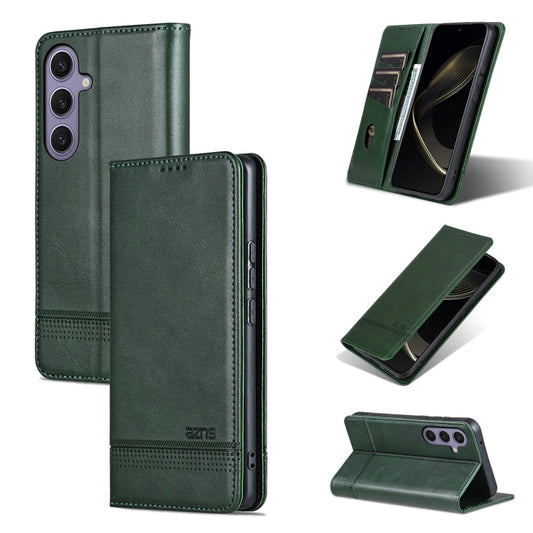For Samsung Galaxy S25 5G AZNS Magnetic Calf Texture Flip Leather Phone Case(Dark Green)