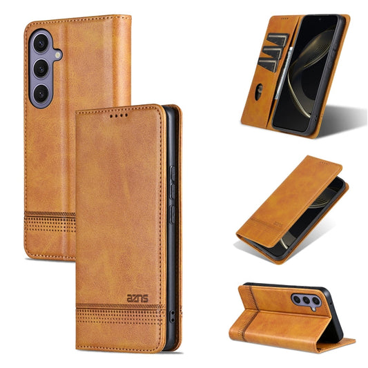 Pour l'étui de téléphone en cuir à rabat texturé veau magnétique AZNS pour Samsung Galaxy S25 5G (marron clair)