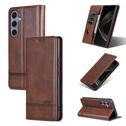 For Samsung Galaxy S25 5G AZNS Magnetic Calf Texture Flip Leather Phone Case(Dark Brown)