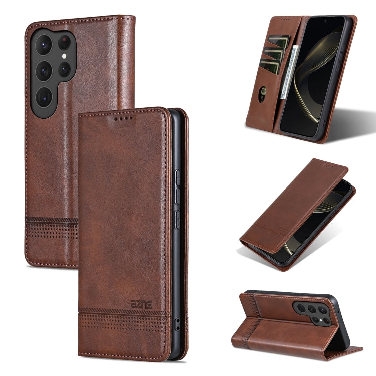 Pour Samsung Galaxy S25 Ultra 5G Étui de téléphone en cuir rabattable à texture veau magnétique AZNS (marron foncé)