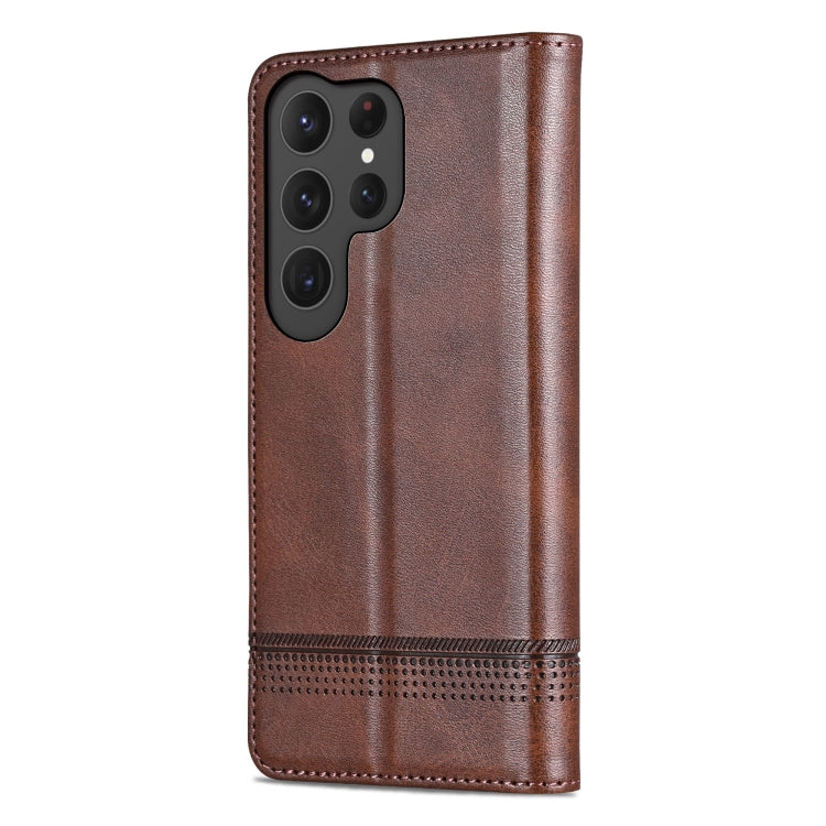 Pour Samsung Galaxy S25 Ultra 5G Étui de téléphone en cuir rabattable à texture veau magnétique AZNS (marron foncé)