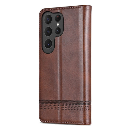 Pour Samsung Galaxy S25 Ultra 5G Étui de téléphone en cuir rabattable à texture veau magnétique AZNS (marron foncé)