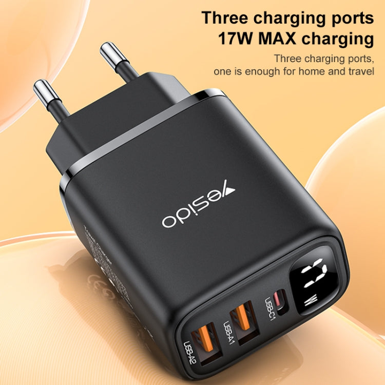 Yesido YC67 17W USB / Type-C + Dual USB Digital Display Charger, Specification:EU Plug(Black)
