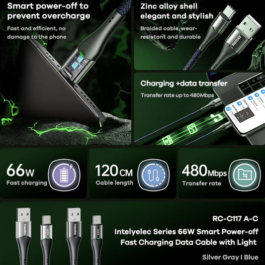 Câble de données de charge rapide avec arrêt automatique REMAX RC-C117 1,2 m 66 W USB vers Type-C (bleu foncé)