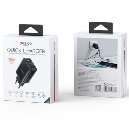 Yesido YC69 30W USB + Dual USB-C / Type-C Digital Display Charger, Specification:EU Plug(Black)