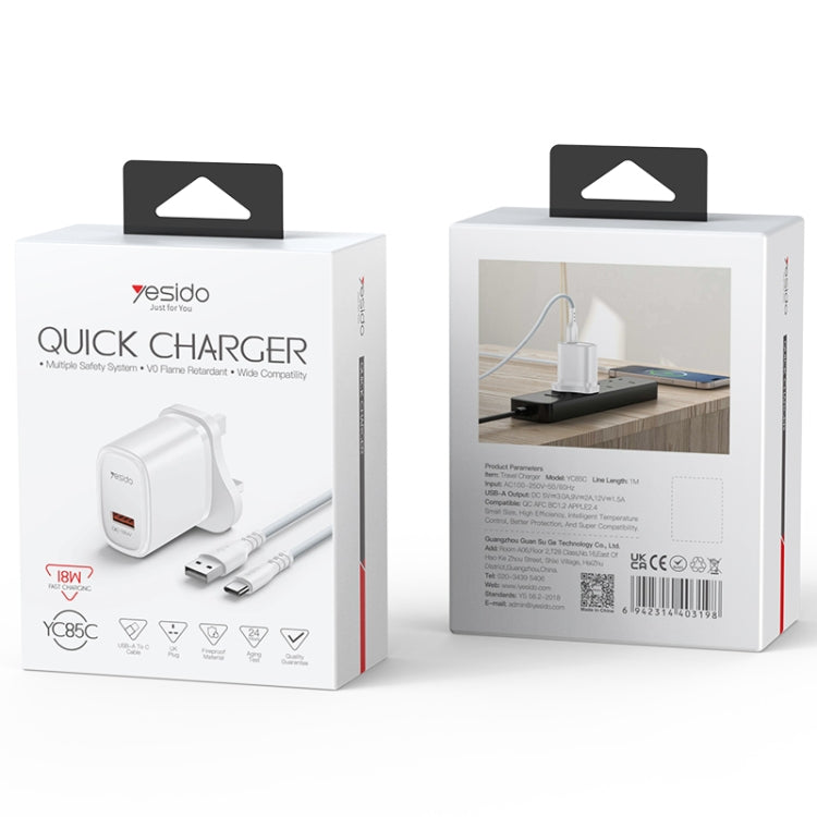 Yesido YC85C 18W USB Fast Charger with USB to USB-C / Type-C Cable, Specification:UK Plug(White)