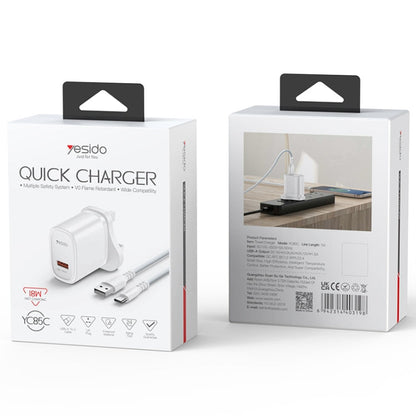 Yesido YC85C 18W USB Fast Charger with USB to USB-C / Type-C Cable, Specification:UK Plug(White)