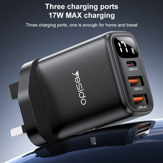 Yesido YC86 17W USB-C / Type-C + Dual USB Digital Display Charger, Specification:UK Plug(Black)