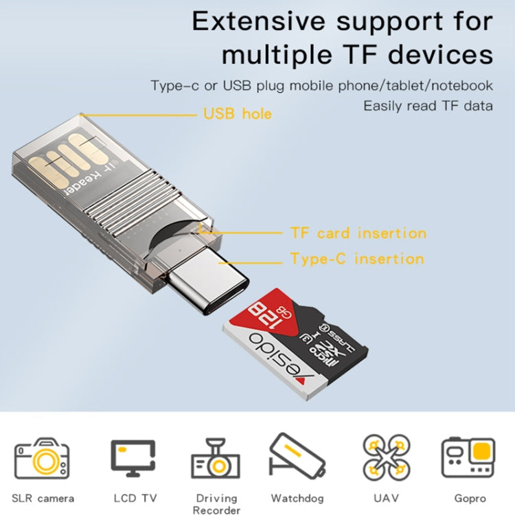 Yesido GS21 Adaptateur de lecteur de carte OTG 2-en-1 USB 3.0 vers USB-C / Type-C + Carte TF (Or)