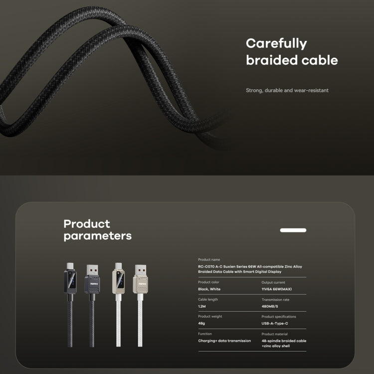 REMAX RC-C070 1.2m 66W USB to Type-C Digital Display Braided Fast Charging Cable(Black)