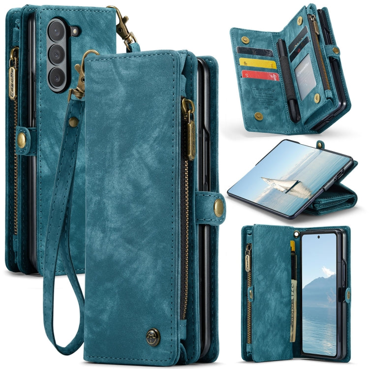 Pour Samsung Galaxy Z Fold6 5G Étui de téléphone en cuir multifonctionnel avec fermeture éclair et dragonne CaseMe 008 (Bleu)