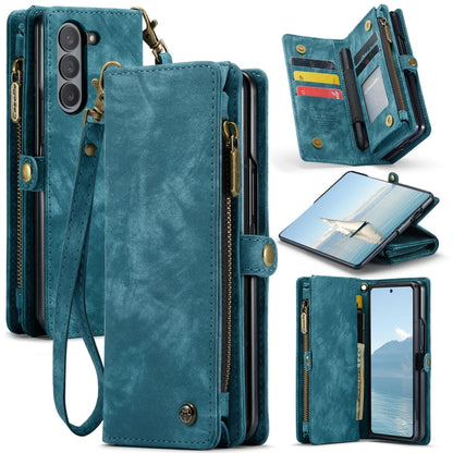 Pour Samsung Galaxy Z Fold6 5G Étui de téléphone en cuir multifonctionnel avec fermeture éclair et dragonne CaseMe 008 (Bleu)
