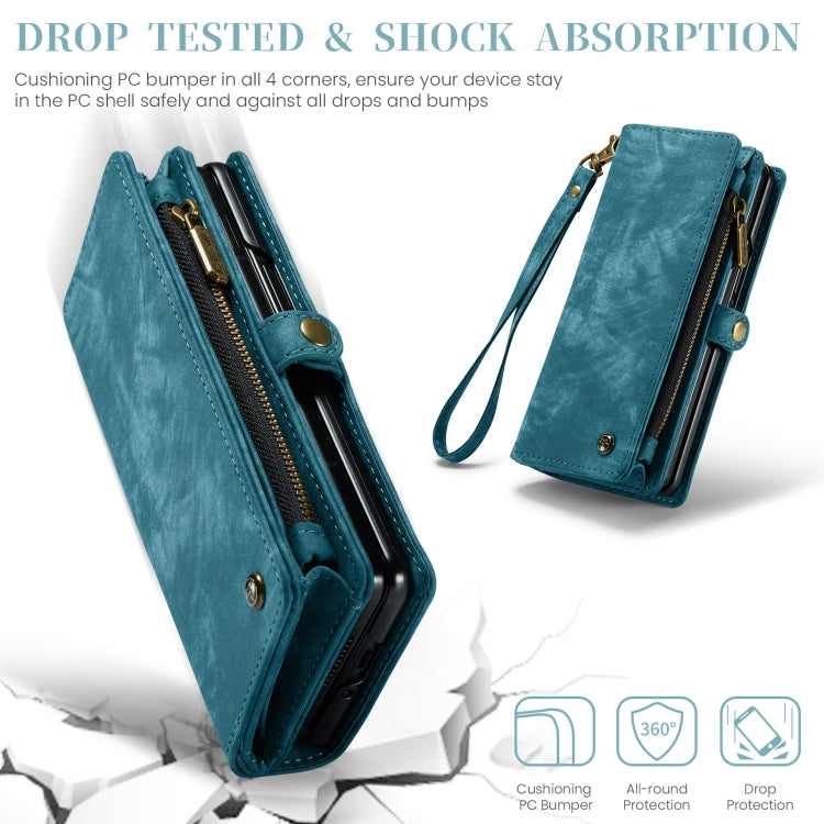 Pour Samsung Galaxy Z Fold6 5G Étui de téléphone en cuir multifonctionnel avec fermeture éclair et dragonne CaseMe 008 (Bleu)