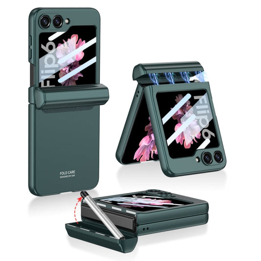 For Samsung Galaxy Z Flip6 / Flip7 FE GKK Integrated Magnetic Full Coverage Flip Phone Case with Pen Box+Pen(Night Green)