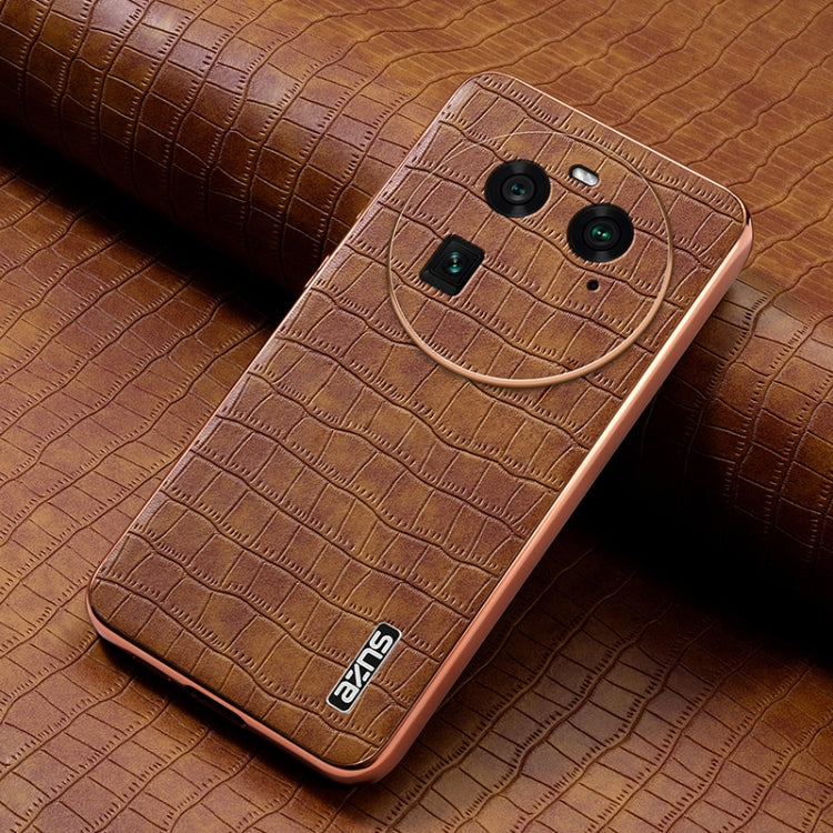 For OPPO Find X6 AZNS Electroplated Frame Crocodile Texture Full Coverage Phone Case(Brown)