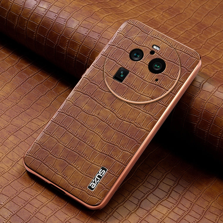 For OPPO Find X6 Pro AZNS Electroplated Frame Crocodile Texture Full Coverage Phone Case(Brown)